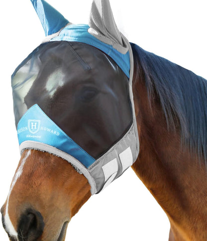 Harrison Howard Pro Luminous Horse Fly Mask Standard with Ears UV Protection for Horse Azure Blue/Silver Medium Cob