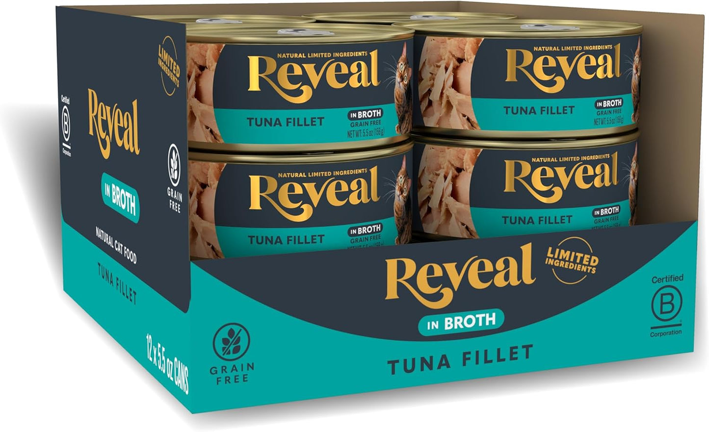 Reveal Natural Wet Cat Food, 12 Count, Grain Free, Limited Ingredient Canned Food for Cats, Tuna Fillet in Broth, 5.5 oz Cans