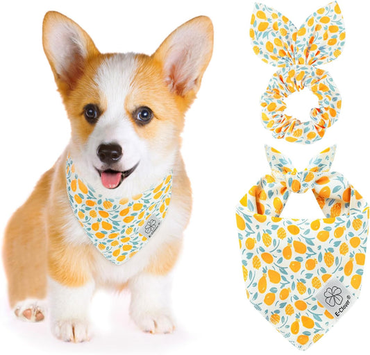E-Clover Yellow Floral Dog Bandanas & Matching Scrunchie Set Summer Cute Dog Scarf Bibs Pet Bandana with Bow Tie for Small Dogs Puppy Owner Mom Spring