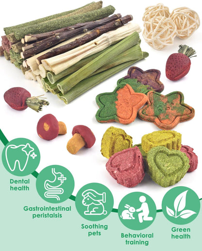 ERKOON 53 Bunny Chew Toys for Rabbits Teeth, Natural Rabbit Toys Apple Wood Sticks, Carrot, Timothy Grass for Small Pets, Hamster, Chinchilla, Guinea Pig Dental Care and Treat Teething(53)