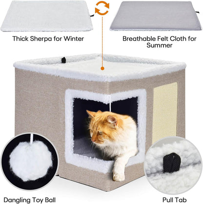 petizer Cat Bed for Indoor Cats, Large Covered Cat House with Scratch Pad, Foldable Cat Cave Bed & Hideaway Cube with Reversible Cushions, Cute Cat Condo for Multi Small Pet Kitten (Khaki)