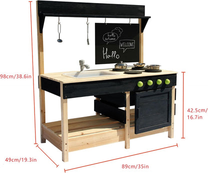 Mud Kitchen Playset for, Outdoor Wooden Toy Play Kitchen Set for Boys and Girls, Kitchen Accessories and Garden Sink with Faucet, Blackboard, Cookware Pot (Black)