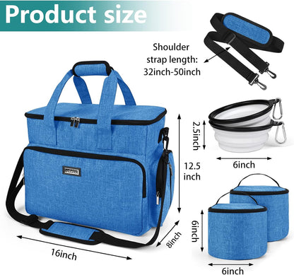 BAGLHER Dog Travel Bag, Pet Travel Bag (ALL Pet Travel Supplies), With 2 Pet Food Containers and 2 Collapsible Silicone Bowls; Essential Kits for Pet Travel Blue