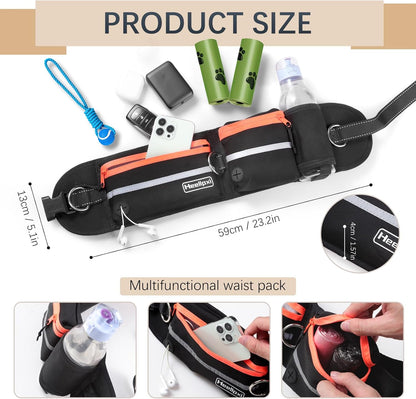 Hands-Free Waist Leash with Pouch for Two Dogs: Reflective Stitching, Dual Handle & Bungee Retractable Design – Ideal for Medium to Large Dogs (Orange) – Dog Walking Accessories