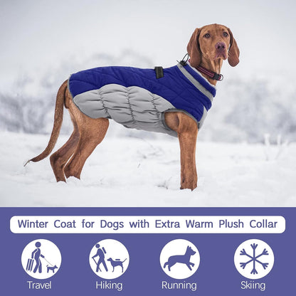 FUAMEY Dog Coat for Large Dogs,Waterproof Dog Winter Jacket with Harness Built in Puppy Cold Weather Coats Reflective Pet Vest with Zipper Warm Fleece Dogs Snowsuit Windproof Blue L