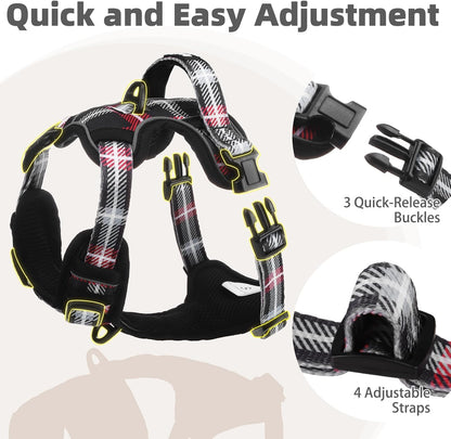 PUPTECK No Pull Dog Harness Small Sized, Adjustable Reflective Dog Harness with Handle Easy Control, Comfortable Soft Padded Pet Vest Harness for Small Dogs, Plaid Black S