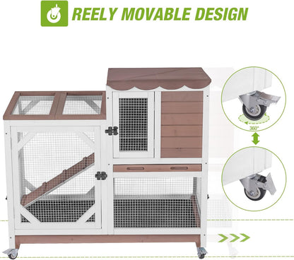 Gutinneen 2-Story Rabbit Hutch with Chew-Proof Ramp & Leak-Proof Trays - Indoor/Outdoor 39.3" Wooden Rabbit Cage with Wheels for Rabbits, Guinea Pigs