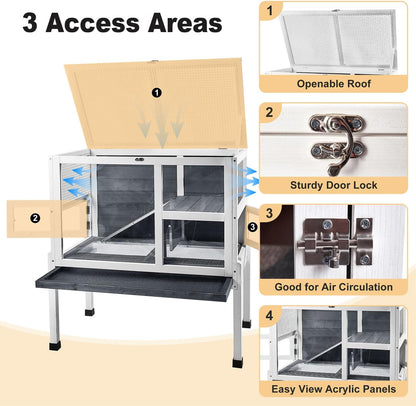 2-Story Guinea Pig Cage with Stand, Indoor Wooden Hamster Cage with Ramp, Pull-Out Tray, Hideout & Platform, Acrylic Transparent Small Animal Habitat for Chinchillas, Ferrets, Hedgehogs,Grey