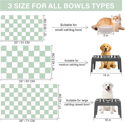 Cat Food Mat - 12"x 20" Cat Dog Mats for Food and Water Bowl, Checkered Pet Placemat Feeding Mat, Non-Slip Under Pet Bowls Mats for Messy Drinkers, Green & White