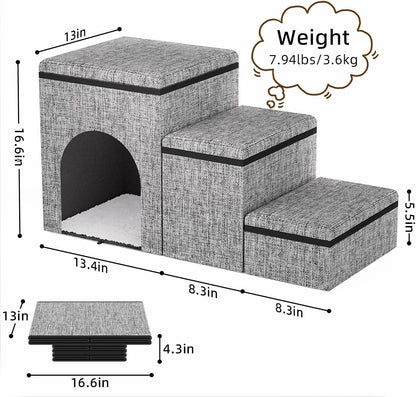 Dog Stairs with Storage, 3-Step Wider Dog Steps with Condo for Dogs and Cats, Pet Stairs for High Bed Climbing, Grey