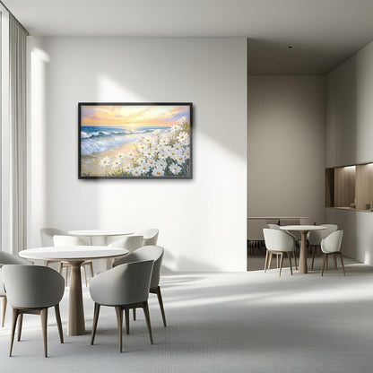 Large Beach Daisy Wall Art, Framed Coastal Beach Wall Decor for Living Room, Oversized Sunrise Canvas Painting Seascape Pictures Home Decoration for Living Room Bedroom Office 36"x24"