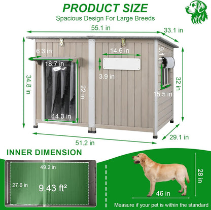 Dog House Outdoor Weatherproof & Wooden Dog Kennel with Chew-Proof Iron Frame，Removable Floor, Adjustable Vent Window, Easy Assembly for Large and Extra-Large Dogs 55.1" D x 33.1" W x 34.8" H