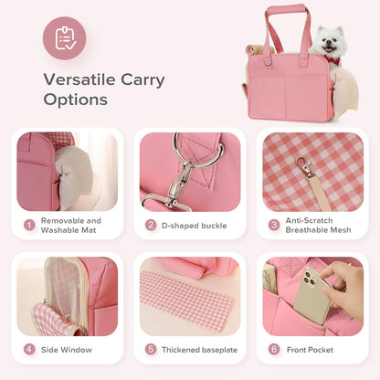Dog Purse Carrier for Small Dogs, Soft Soft Sided Folding Dog Carriers for Small Dogs Medium Cats Puppies up to 15 Lbs, Washable Breathable Puppy Carrier for Outdoor Travel (Large Pink)