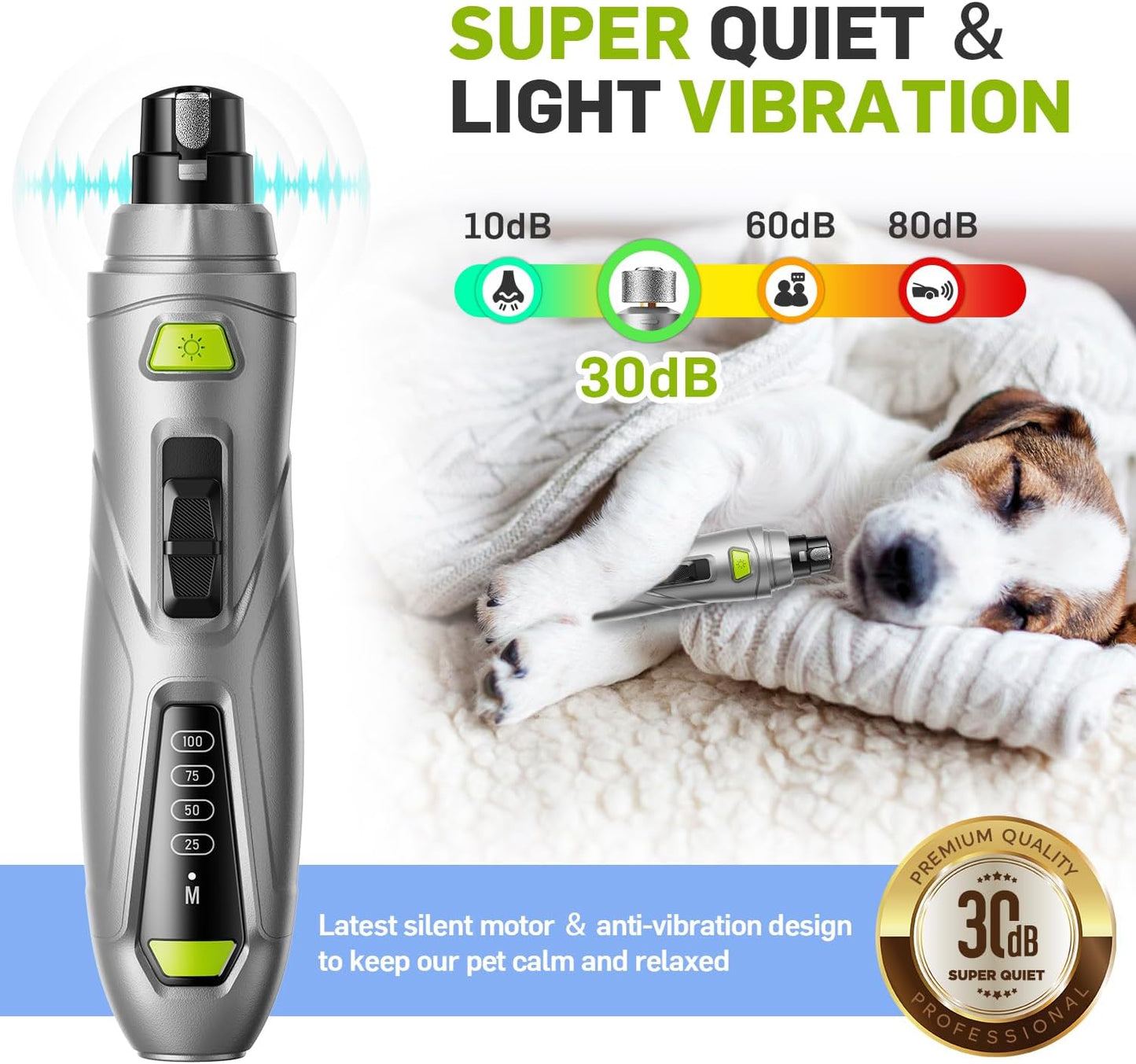 Dog Nail Grinder & Clipper 2-in-1 Set - 25dB Ultra Quiet with 3 Grinding Wheels & 2 LED Lights, Rechargeable for Large/Puppy Dogs & Cats, 3-Speed Adjustable for Anxious Pets