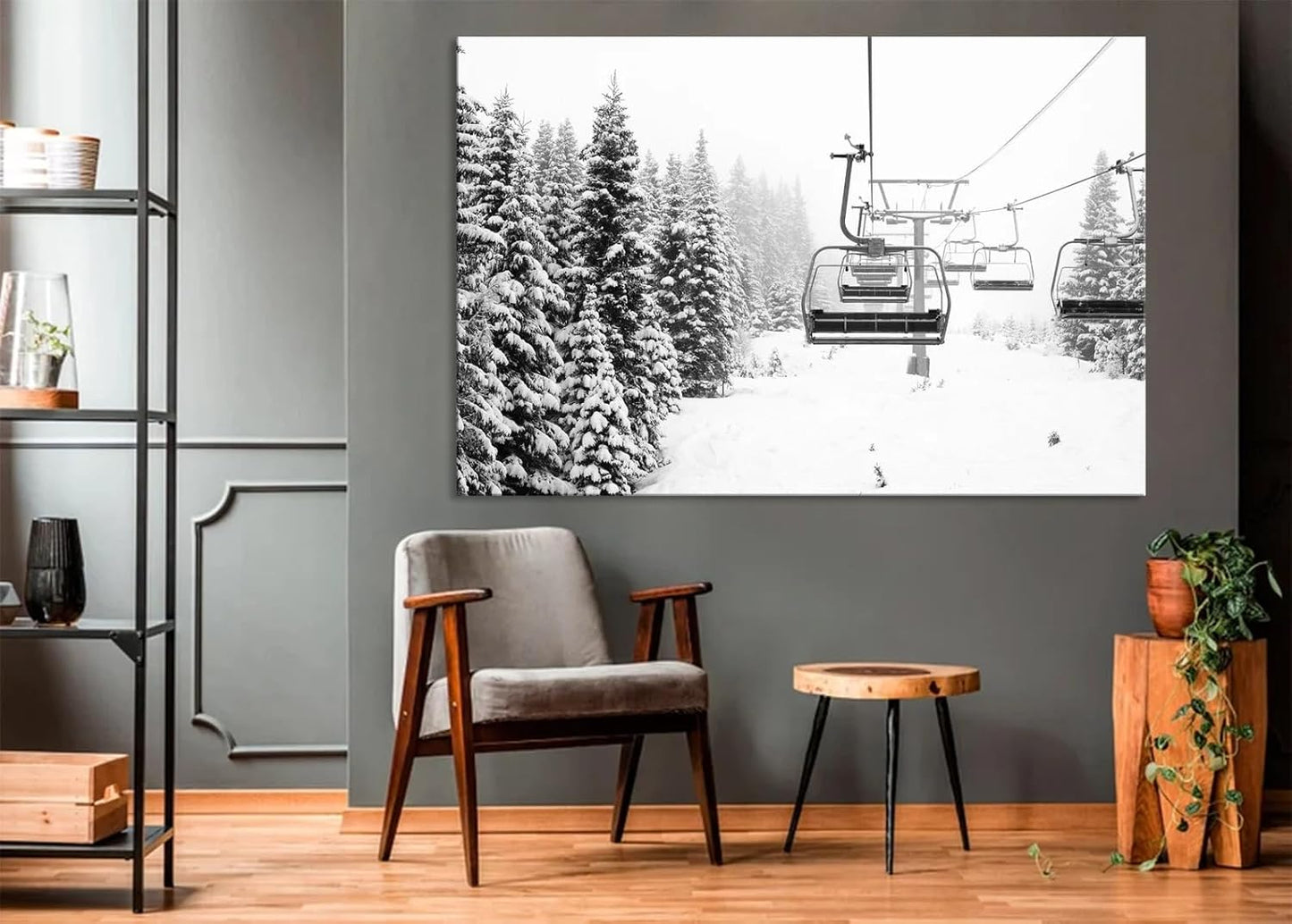 Nature Wall Art Prints - Ocean Forest Mountain Lake Canvas Landscapes - Small to Extra Large Living Room Bedroom Kitchen Bathroom Décor (Ski Lift on Snowy Mountain, 24L" x 36W")