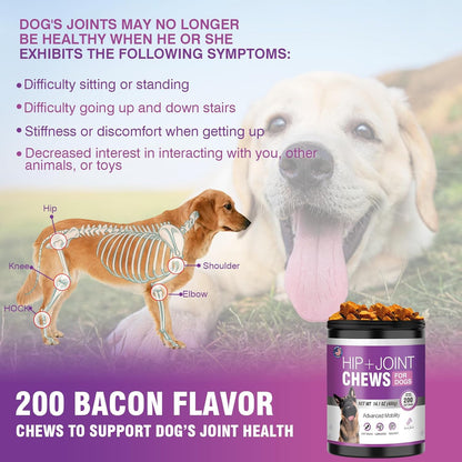 Glucosamine for Dogs 200pcs Joint Support Supplement Dog Hip and Joint Chondroitin Chews Treats with MSM Hemp Dog Joint Pain Relief Mobility Supplements Bacon Flavor Fit All Large Small Medium Breed