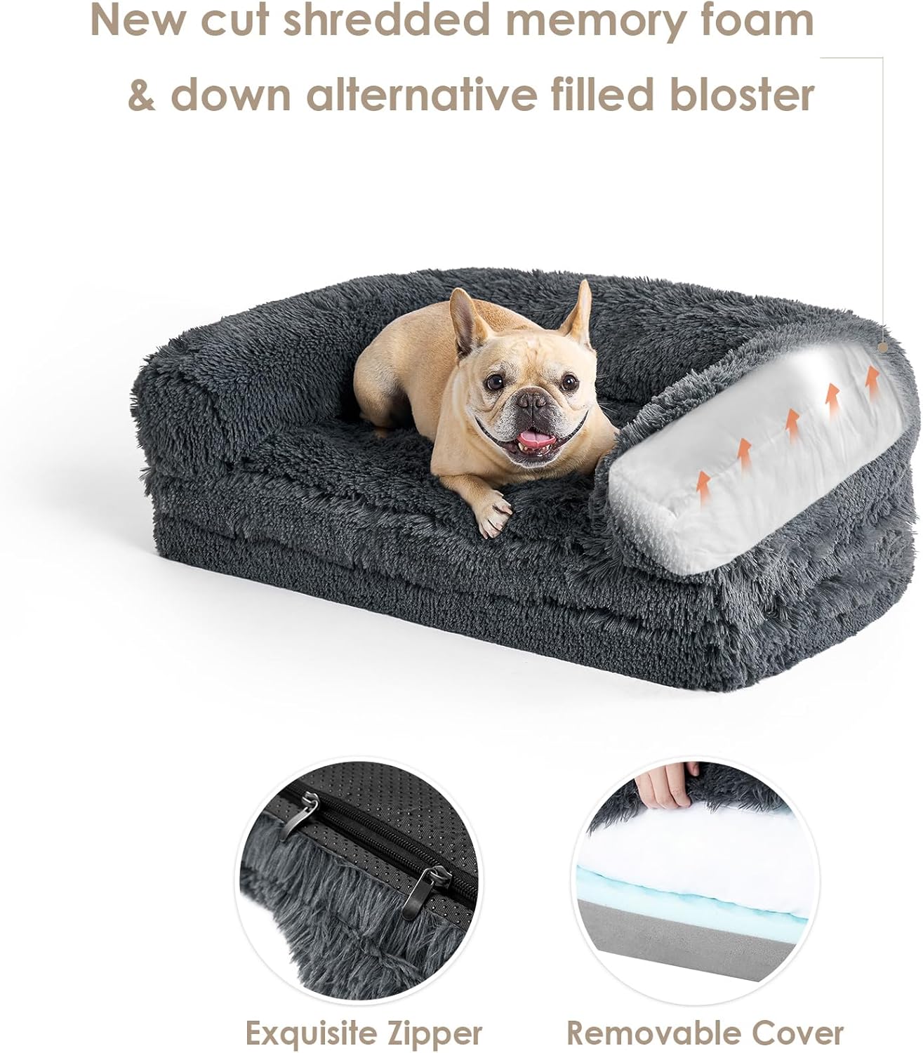 EHEYCIGA Foldable XL Dog Bed, Faux Fur Fluffy Pet Couch Bed for Large Dogs, Orthopedic Calming Memory Foam Big Pet Bed, Washable Soft Pet Sofa Bed with Non-Slip Bottom, Dark Grey, 46"x34"x6.5"