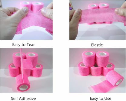 6 Pack 2" x 5 Yards Self Adhesive Bandage Wrap Breathable Cohesive Vet Wrap for Pets, Elastic Self-Adherent Tape for Sports, Wrist, Ankle (Pink)