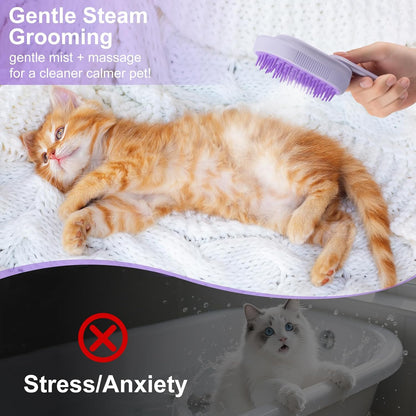 Steam Brush for Cat & Dog – 3-in-1 Spritz Pet Spray Hair Removal Comb for Grooming & Shedding Steam – Water Brush for Long & Short Haired Pets– Includes Two Bottles Waterless Shampoo