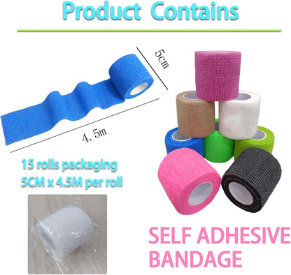 Self Adhesive Bandage Wrap 15Roll,Non-Woven Cohesive Bandage Tape,5CM x 5Yard Vet Wrap Tape for Wrist & Ankle Grip Cover,Elastic Athletic Tape-15color