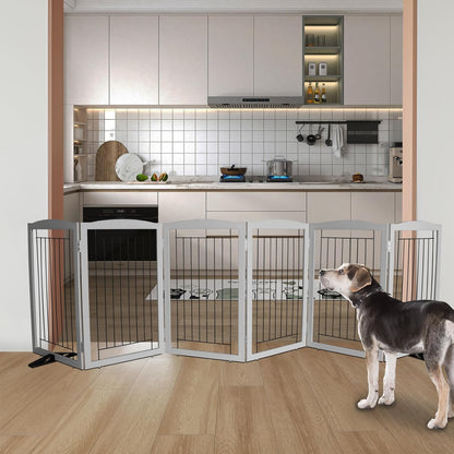 ZJSF Freestanding Dog Fence Indoor, Foldable Dog Gate for Doorways, Stairs or Hallways, Sturdy Wood Extra Wide Pet Gate with Support Feet for The House, Grey, 32 "Height-6 Panels
