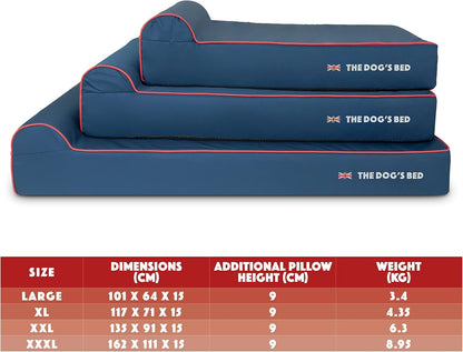 The Dog’s Bed Orthopedic Headrest Dog Bed XXL Blue Oxford with Red Trim UK Flag Dog Bed54x36, Memory Foam, Hip & Elbow Dysplasia, Post Surgery, Veterinary Approved, Waterproof Washable Cover