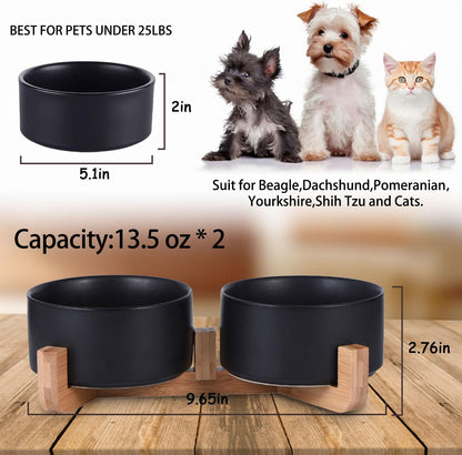 Petygooing Ceramic Dog Cat Bowls Set with Stand,Black Pet Food and Water Bowl,Small Dog Bowls Cute Modern Anti Slip Set of 2 Pet Feeder Small Size Pet Dish(13.5OZ/5.1 in)