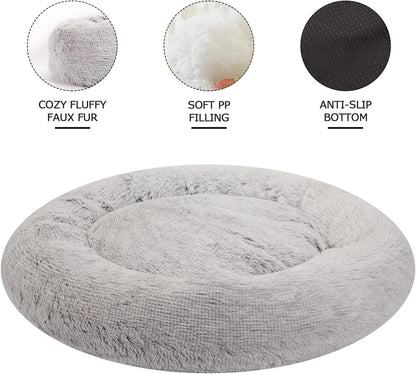 Bedfolks Calming Donut Dog Bed, 30 Inches Round Fluffy Dog Beds for Medium Dogs, Anti-Anxiety Plush Dog Bed, Machine Washable Pet Bed (Light Grey, Medium)