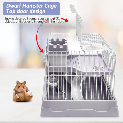 PINVNBY 2-Tier Dwarf Hamster Cage, Hamster Travel Cage Portable Mouse Cage with Running Exercise Wheels, Water Bottle and Food Dish for Hamster Mouse Rat 11.7 * 8.7 * 9.38 in (Blue)