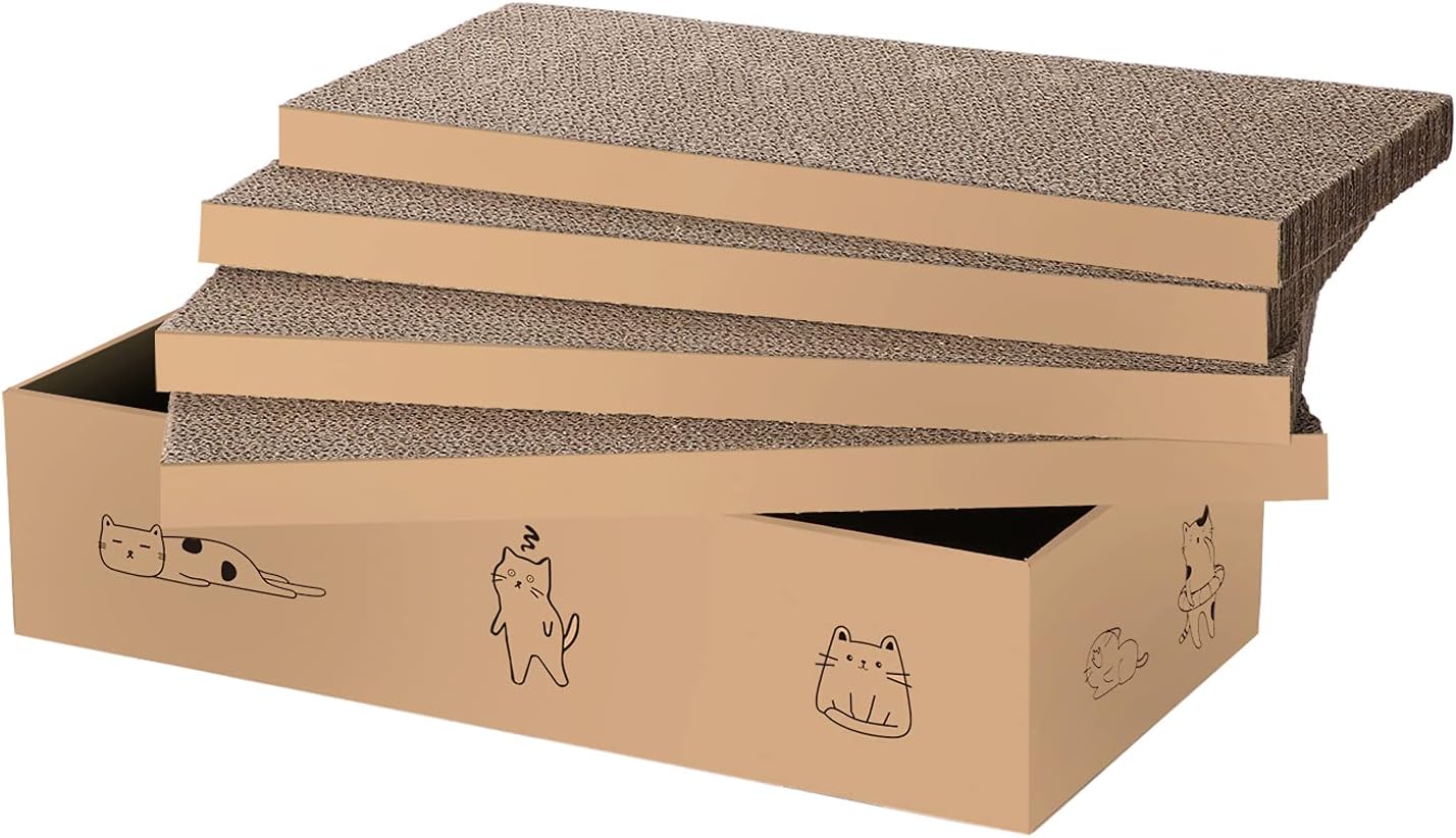 4 Packs in 1 Cat Scratch Pad with Box, Cat Scratcher Cardboard,Reversible,Durable Recyclable Cardboard, Suitable for Cats to Rest, Grind Claws and Play with Scratch Box