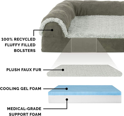 Furhaven Cooling Gel Dog Bed for Medium/Small Dogs w/ Removable Bolsters & Washable Cover, For Dogs Up to 35 lbs - Two-Tone Plush Faux Fur & Suede L Shaped Chaise - Dark Sage, Medium