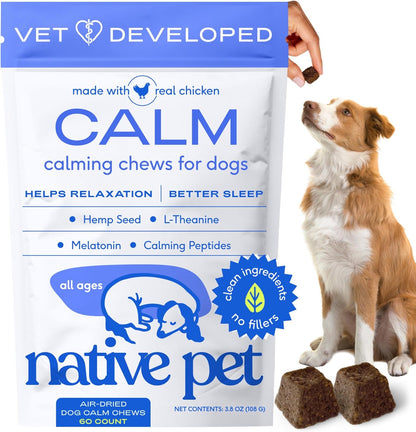 Native Pet Calming Chews for Dogs - Melatonin for Dogs Anxiety Relief - Grain Free All Natural Hemp Calming Treats & L-Theanine Helps Manage Stress & Separation Anxiety - Puppy Sleep Aid - 60 Chews