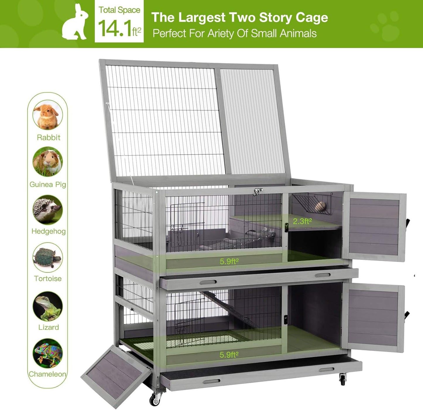 GUTINNEEN Bunny Hutch Indoor Rabbit Hutch Large Guinea Pig Cage with Wheel, Outdoor Rabbit Cage with Removable Bottom Wire Floor