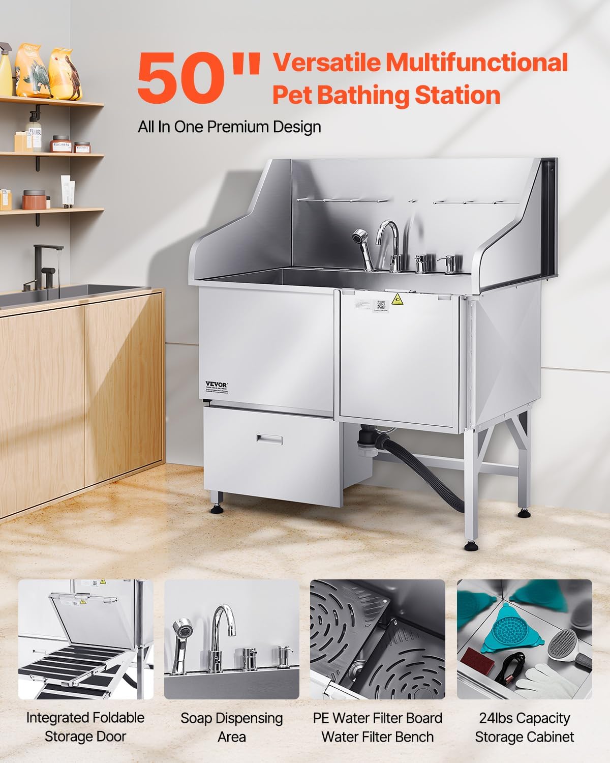 VEVOR Professional 304 Stainless Steel Dog Bathing Station, 50 inch Pet Grooming Tub w/Anti-Slip ramp, Storage Drawer, Cold Hot Faucet Showerhead, for Large & Medium & Small (Right Door, with Drawer)