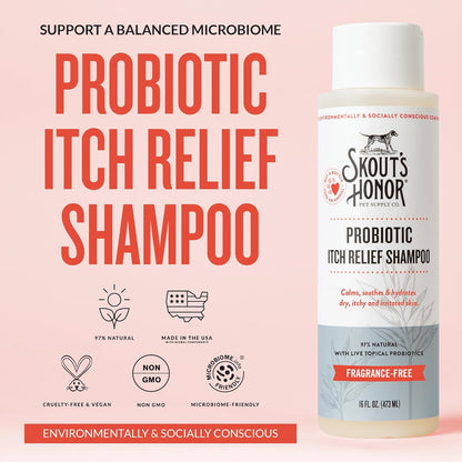 Skout's Honor Probiotic Itch Relief Shampoo for Pets - Non-Medicated, Fragrance-Free, Paraben & Sulfate-Free, with Avocado Oil & Omega 3's, 8oz, 2-Pack