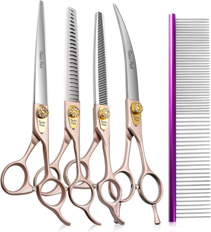 Fenice Peak 7‘’ Professional Dog Grooming Scissors Set Rose Gold 440C Stainless Steel Straight Thinning Curved Chunker Shears 4pcs Set for Pet Grooming Services Dogs and Cats