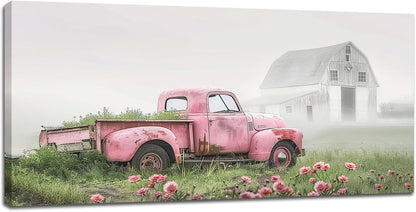 Large Rustic Farmhouse Pink Truck Wall Art for Living Room Country Barn Art Big Space Size Bedroom Office Framed Canvas Prints Pictures Painting Artwork Office Bedroom Home Decor 60"x30"