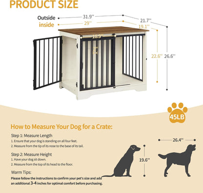 31.9" Dog Crate Furniture with Barn Door, Heavy Duty Dog Kennel Indoor with 2 Doors, Wooden Pet Cage End Table for Small Medium Dogs up to 44 lb, Anti-Chew Anti-Escape, White Brown DFC83614B