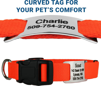 GoTags Personalized Dog Collar with Nameplate, Adjustable Dog Collar with Custom Engraved Slide On Pet ID Tag in Stainless Steel, Silent, No Noise Dog Tag for Large Medium and Small (Orange, Small)