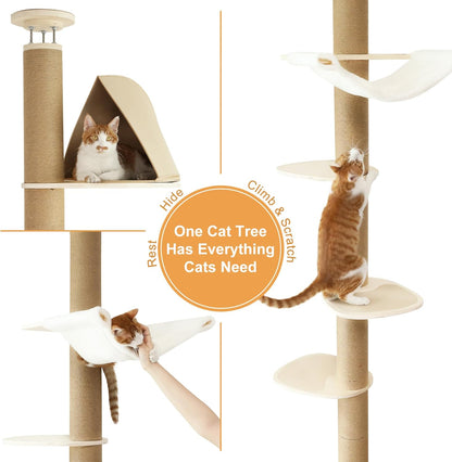 FUKUMARU Floor to Ceiling Cat Tree, 6 Level Adjustable Height (6-10 ft) Climbing Tower with Thickened Scratching Posts, Cats Activity Center with Cozy Hammock - Beige