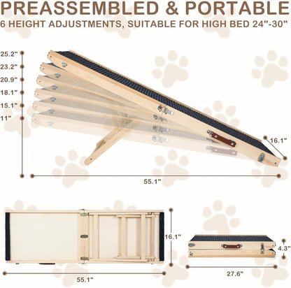 Folding Dog Ramp Safety, Wooden Adjustable Height Pet Ramps, Potable Dog Steps with Non-Slip Traction Mat, Dog Step for Bed, Dogs Stairs for SUV Car, Couch, Safe,Height Bed