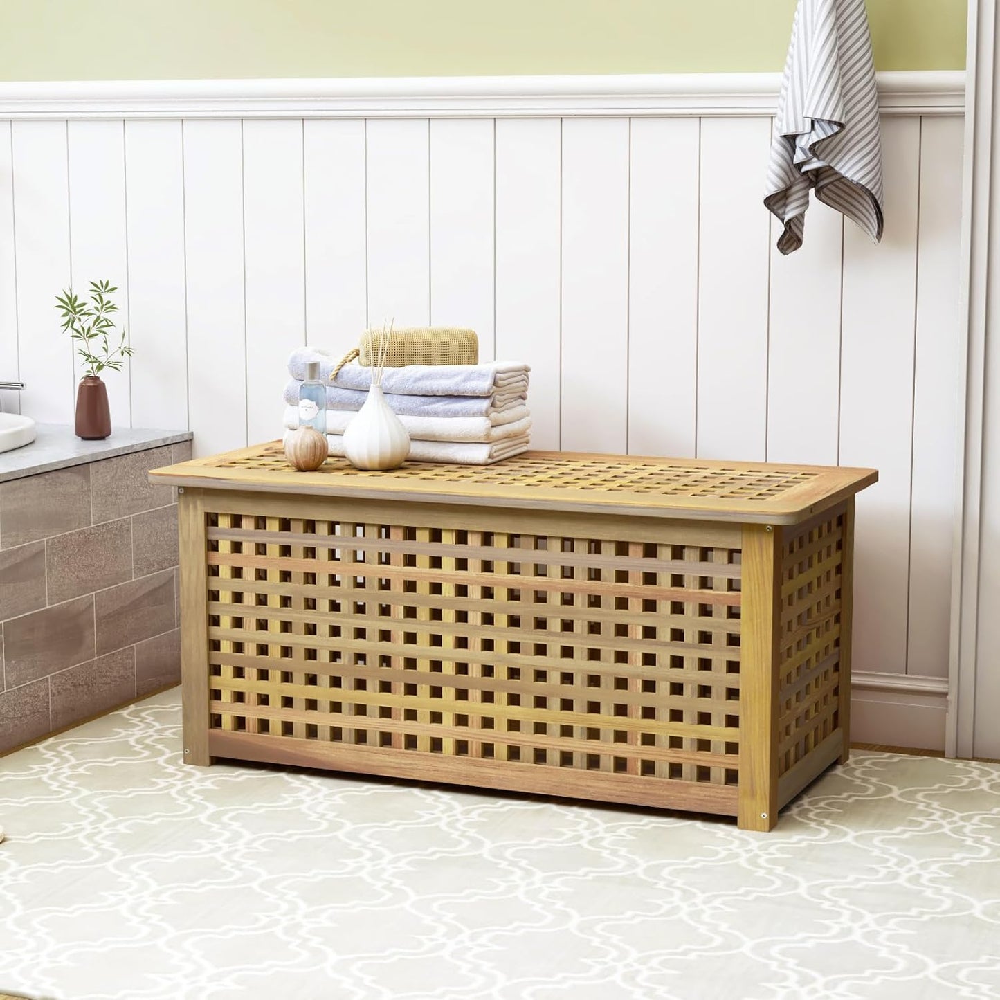 Bench with Storage, Acacia Laundry Hamper with Seat, Storage Benches with Seating for Entryway, Living Room, Bedroom, Bathroom (15.7x38.6x17.7in)