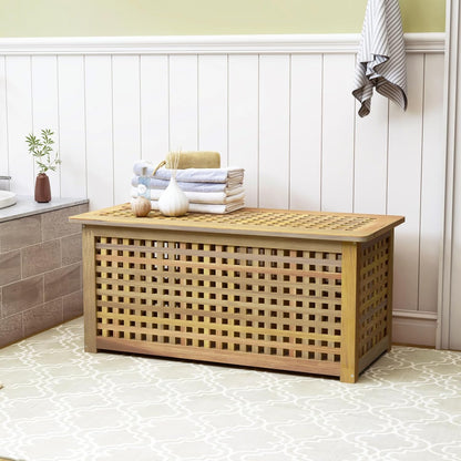 Bench with Storage, Acacia Laundry Hamper with Seat, Storage Benches with Seating for Entryway, Living Room, Bedroom, Bathroom (15.7x38.6x17.7in)