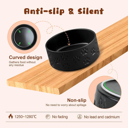 SPUNKYJUNKY Ceramic Elevated Dog Bowl Set with Acacia Wood Stand for Food and Water for Cats and Small Dogs (13.52 OZ, Black, Dog Paw Pattern)