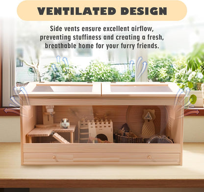 Wooden Hamster Cage with Pull-Out Tray, Small Animal Habitat with Double Skylight Doors for Gerbil, Mouse, Guinea Pig, Rat, No Accessories (31.5" L x 15.7" W x 15.7" H)