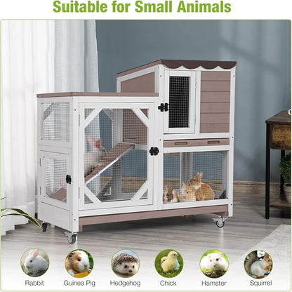 Wooden Rabbit Hutch with Two Story, Bunny Cage with Leak-Proof Trays, and Chew-Proof Ramp, Guinea Pig Cage with Wheels, Suitable for Indoor/Outdoor Use (Brown)