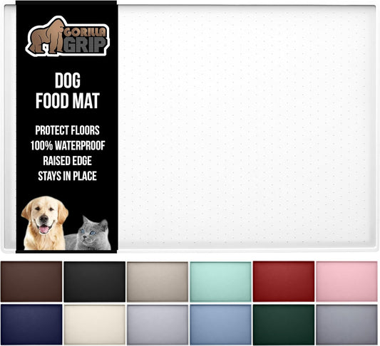 GORILLA GRIP 100% Waterproof Raised Edge BPA Free Silicone Pet Feeding Mat, Dog Cat Food Mats Contain Spills Protects Floors, Placemats for Cats and Dogs Water Bowl, Pets Accessories 28x18 White