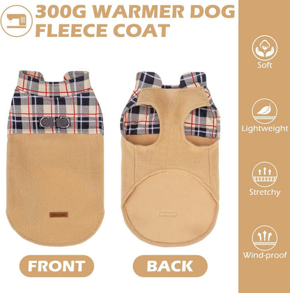EXPAWLORER Fleece Dog Sweater - Classic Plaid Dog Jacket, Winter Coat Vest with 2 D-Rings for Leash, Pet Cold Weather Clothes, Sweatershirt for Boys or Girls