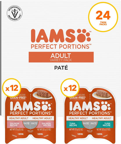 IAMS Perfect Portions Healthy Adult Wet Cat Food Pate, Salmon and Tuna Recipe Variety Pack, 2.6 oz. Twin-Pack Trays (24 Count, 48 Servings)