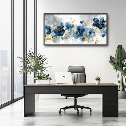 Extra Large Framed Abstract Blue Flower Wall Art,Oversized Golden Grey Floral Wall Decor Pictures for Living Room,Canvas Print Painting Modern Artwork Bedroom Office Bathroom Home Decor 60L" x 30W"
